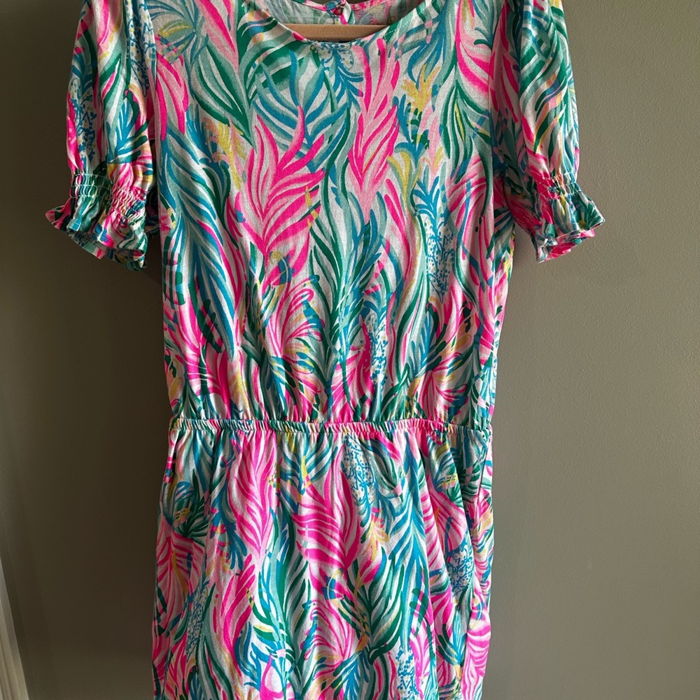 Lilly Pulitzer Girls Pink Teal Tropical Print Dress